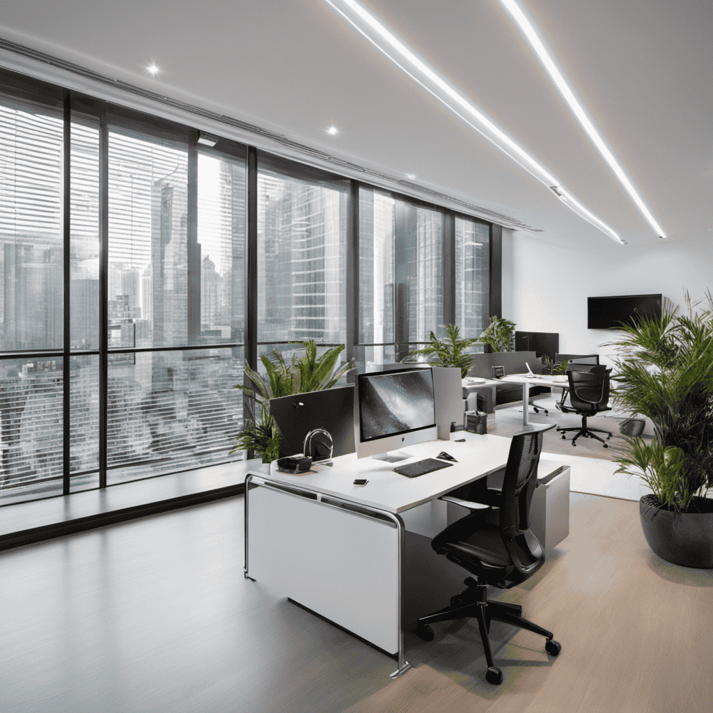 An image showcasing a sleek, modern office space bathed in natural light