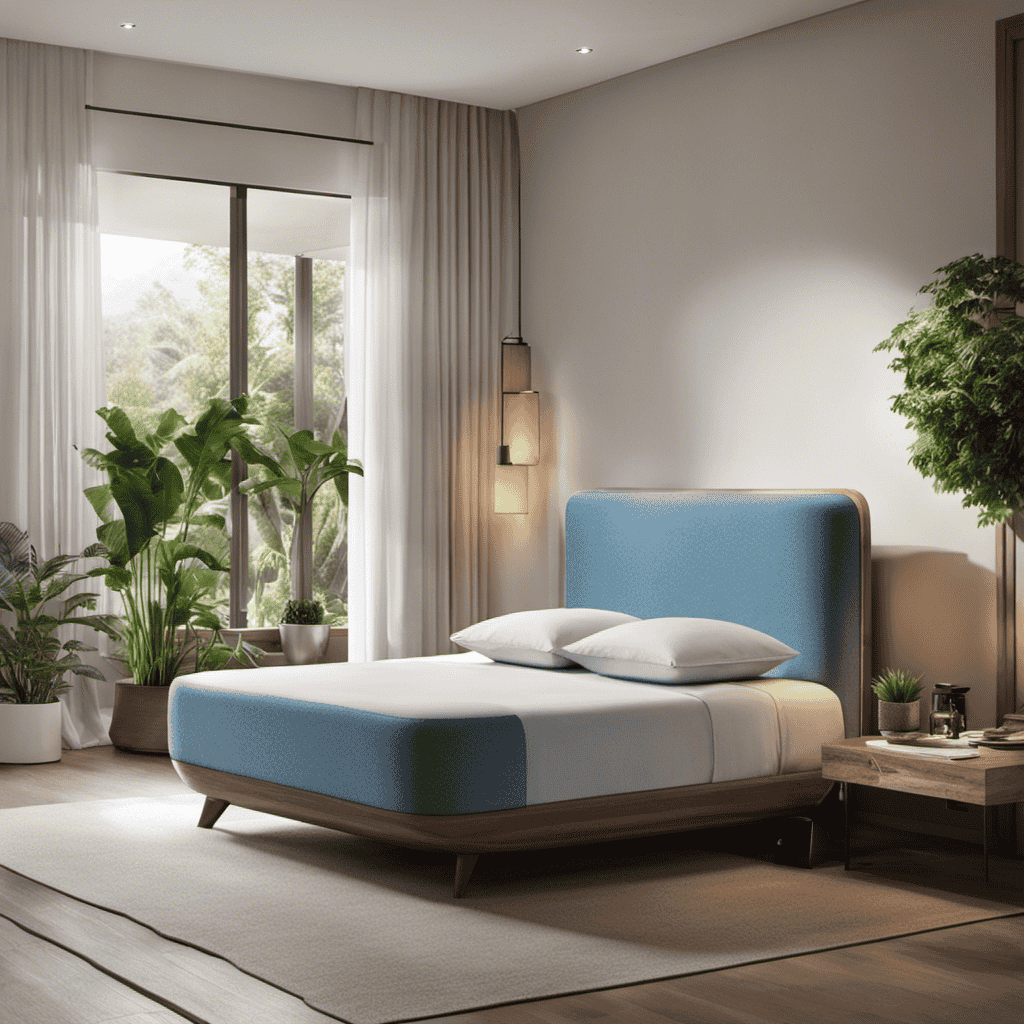 An image showcasing an elegantly designed air purifier with a HEPA filter, emitting a soft blue light, while surrounded by a serene bedroom environment with fresh air, plants, and a person peacefully sleeping