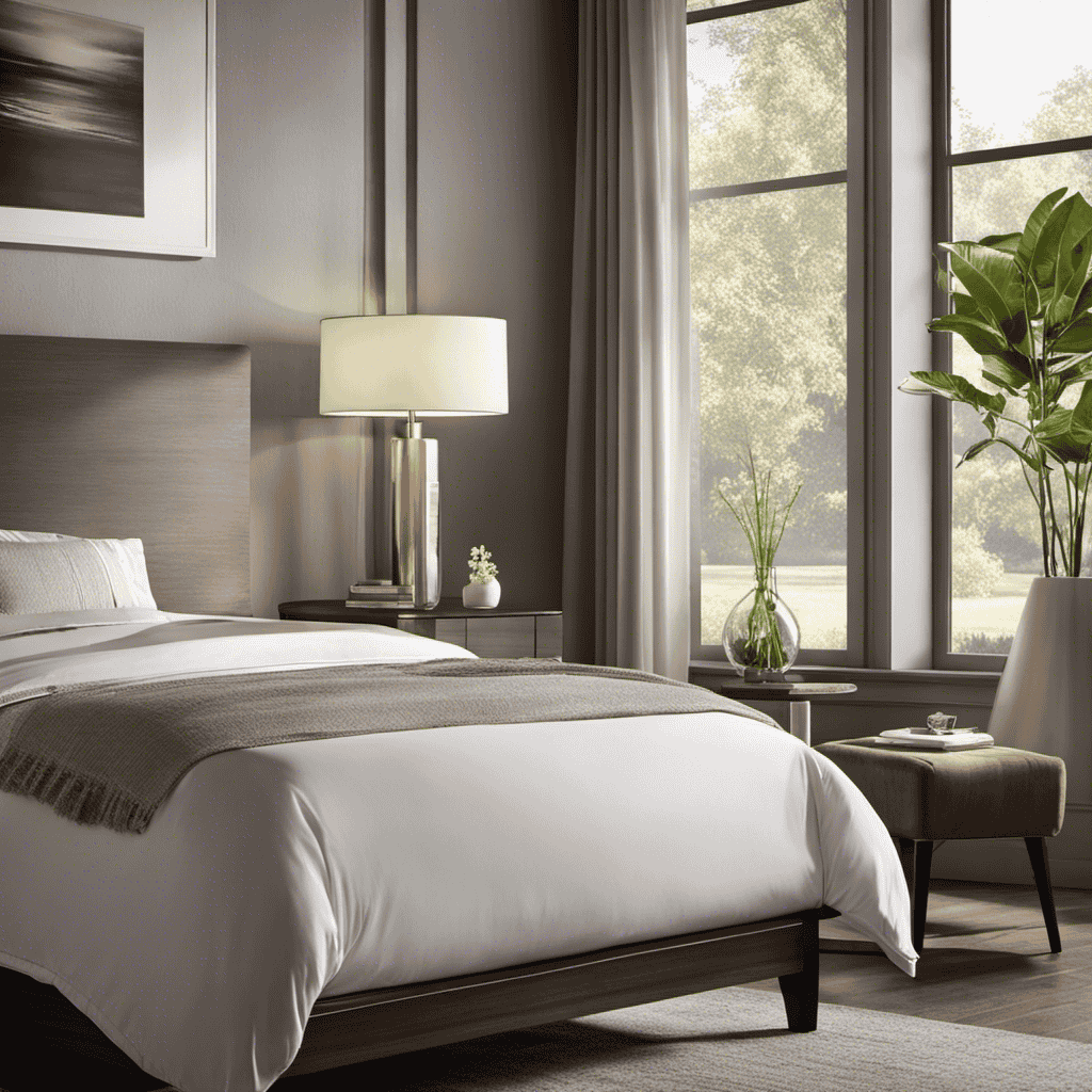 An image showcasing a serene bedroom with sunlight streaming through sheer curtains, a sleek and compact air purifier placed on a nightstand, gently purifying the air, and a peaceful sleeper enjoying a restful night's sleep