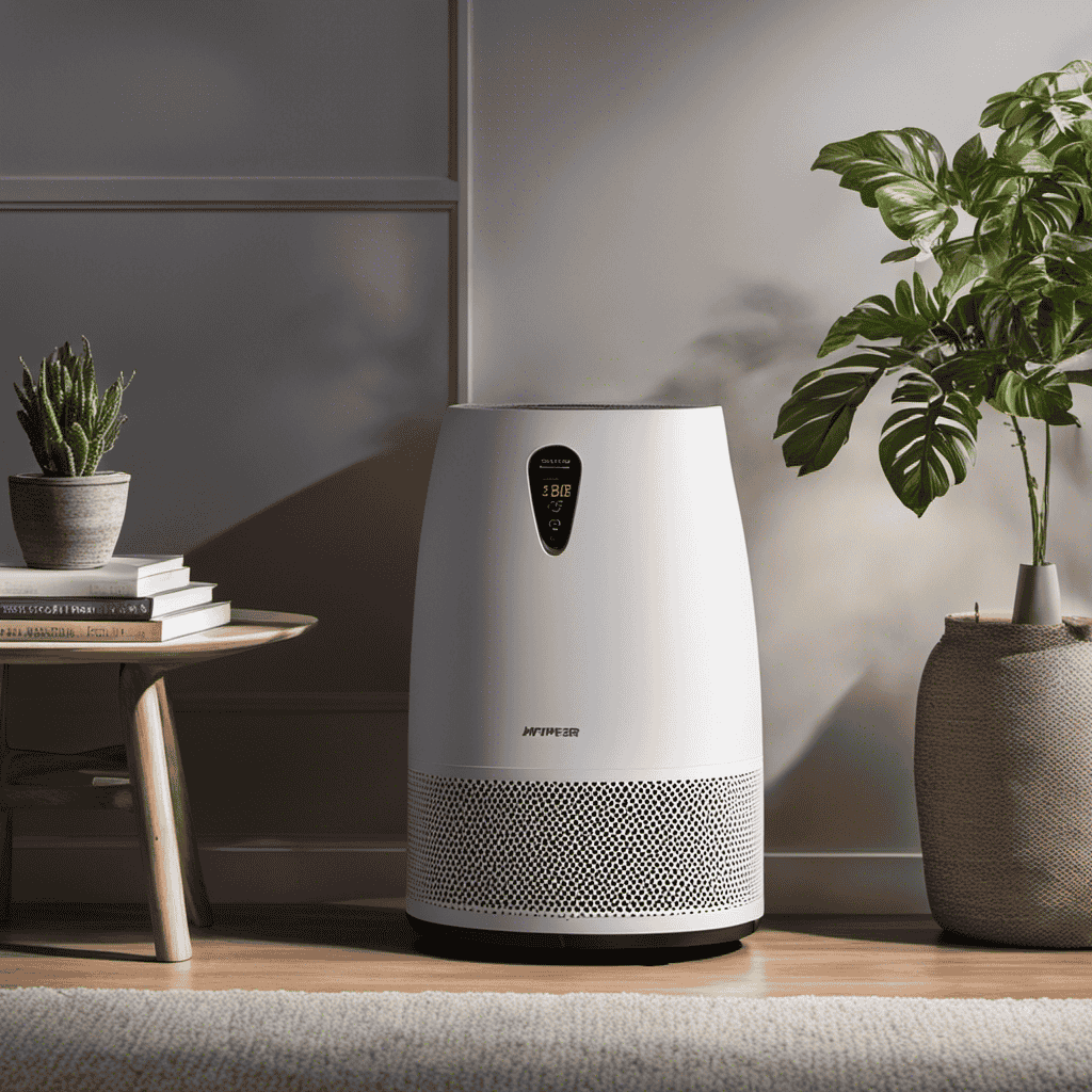 An image showcasing an air purifier placed in a dimly lit room with black mold spores suspended in the air