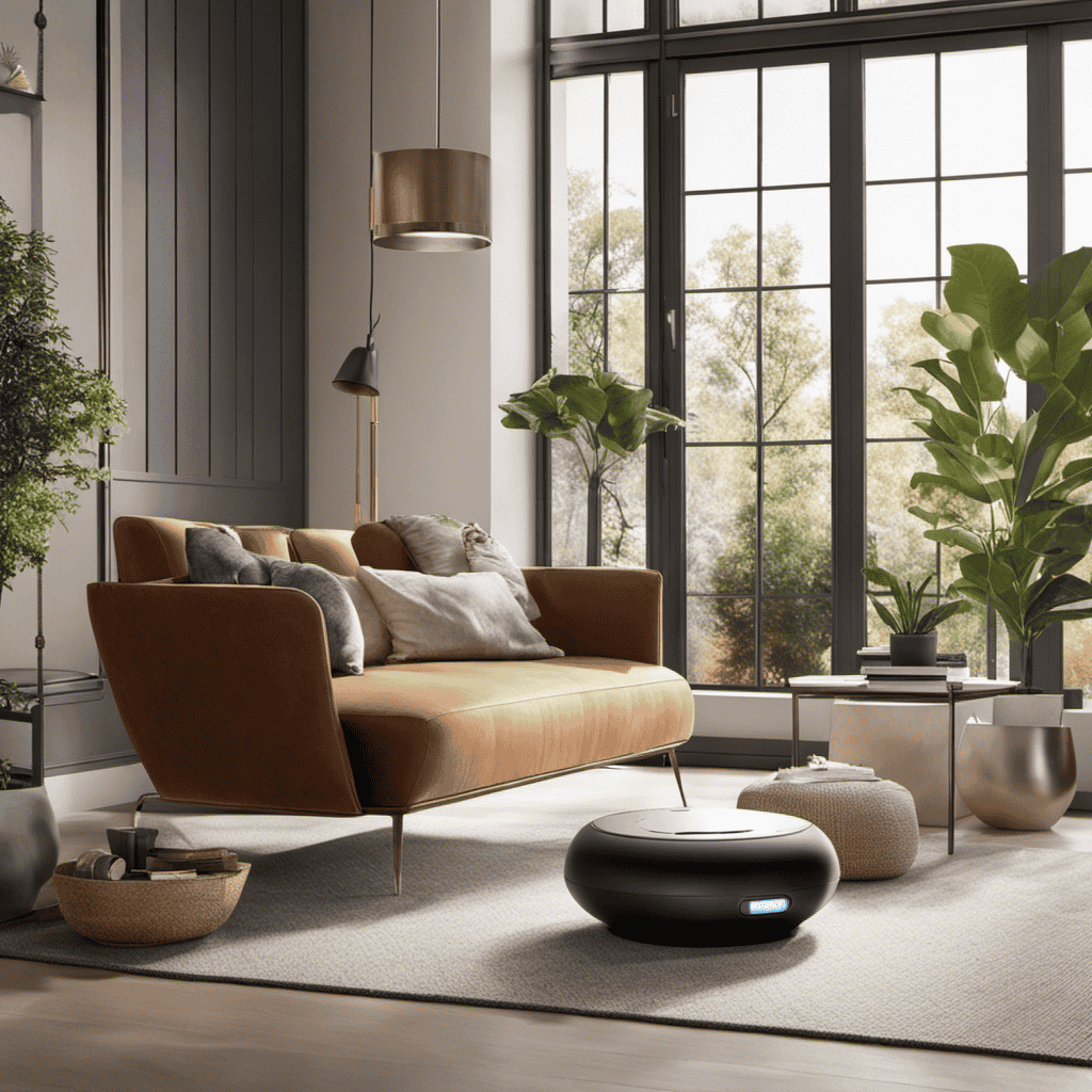 An image showcasing a cozy living room with a sleek, modern air purifier strategically placed near a sunlit window