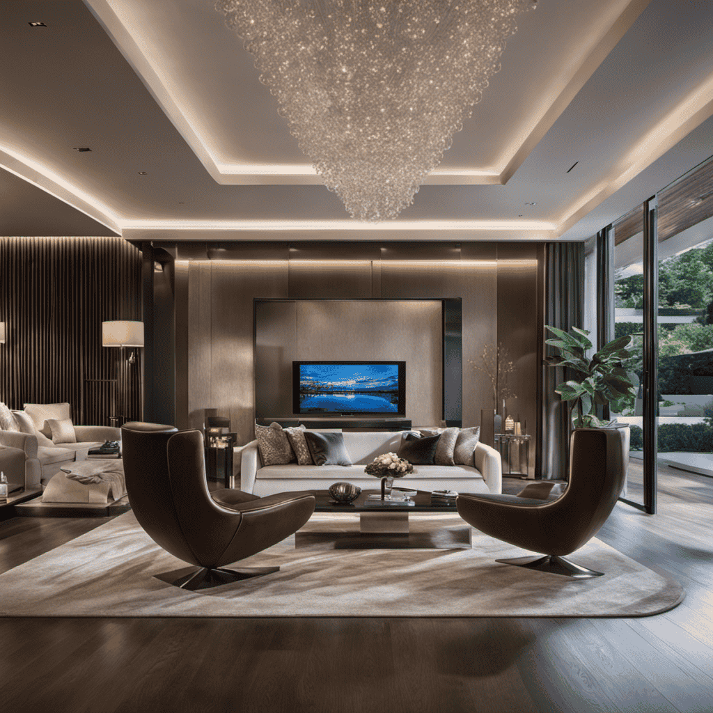 An image showcasing a sleek, modern living room with a cigar aficionado reclining in a plush armchair, surrounded by crystal-clear air