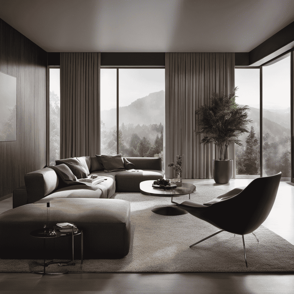 An image showcasing a sleek, modern living room with a hazy atmosphere