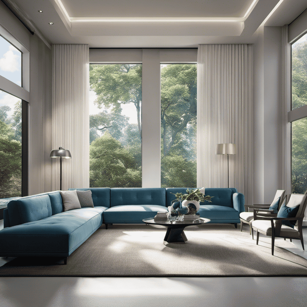 An image showcasing a sleek and modern living room with sunlight streaming through pristine windows