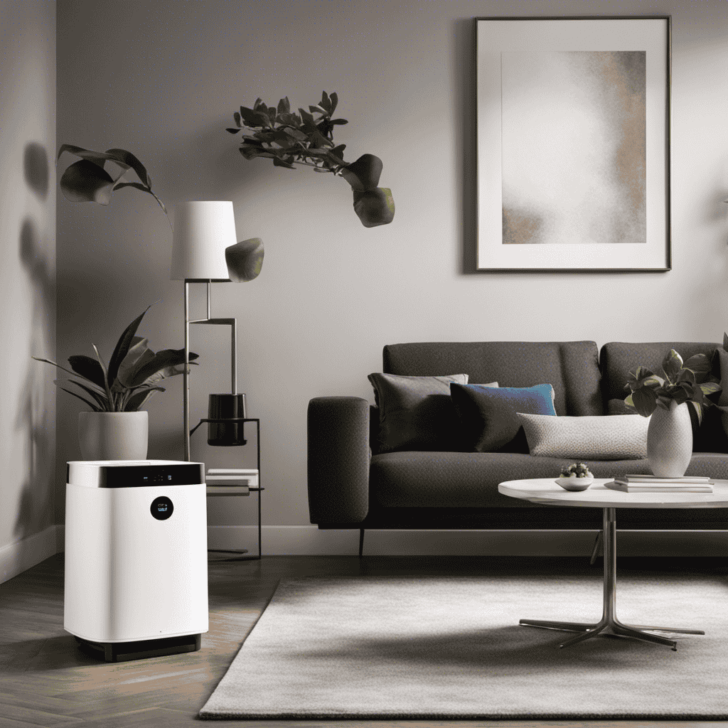 An image showcasing a modern living room with a sleek, white air purifier positioned elegantly on a side table