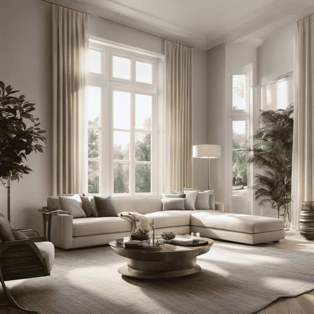 An image showcasing a serene living room with sunlight streaming through large, clean windows