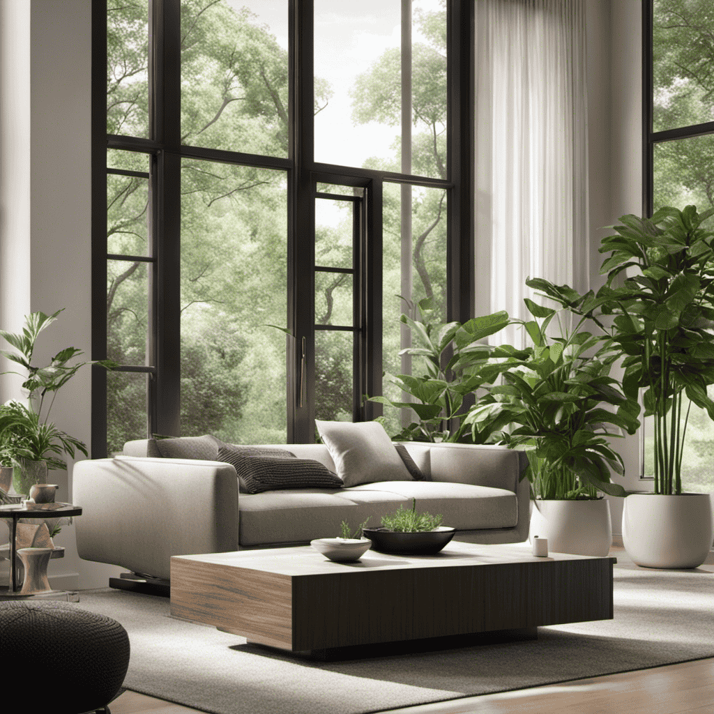 An image showcasing a modern living room with large windows, where sunlight filters through sheer curtains