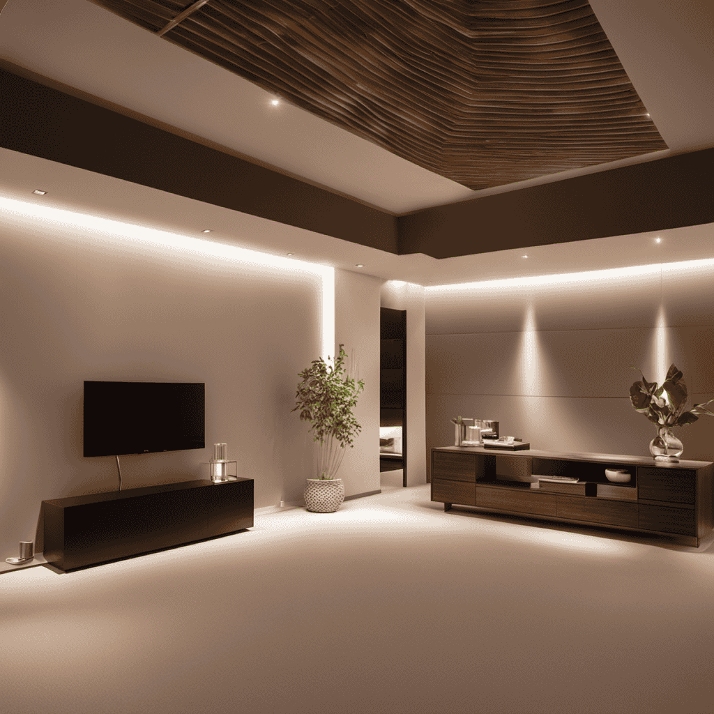 An image showcasing a spacious basement room with a high ceiling, dimly lit by soft ambient lighting
