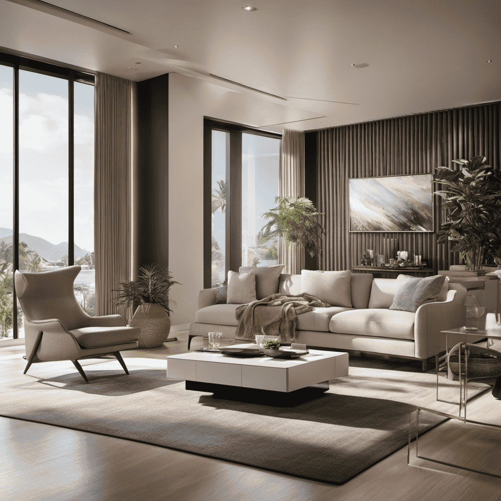 An image showcasing a spacious living room engulfed in clean, pure air