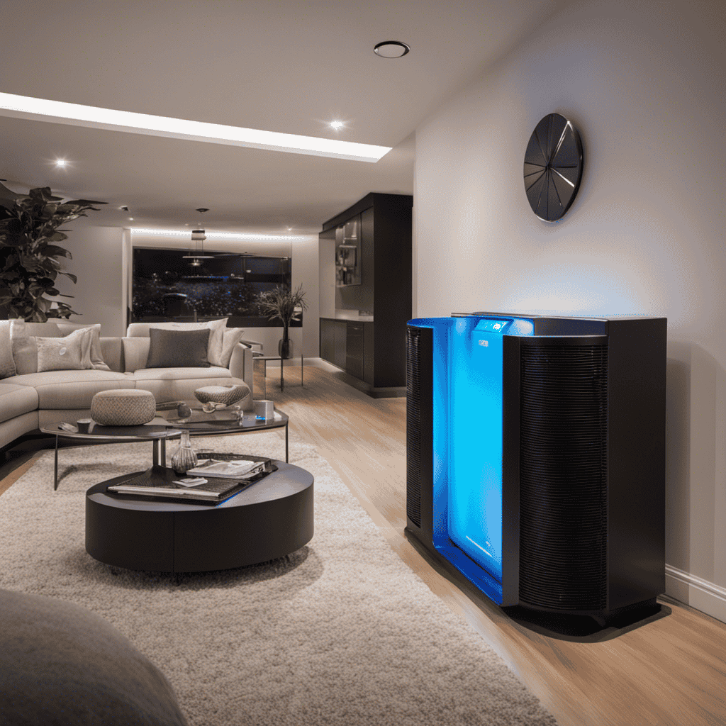 An image showcasing a sleek, modern air purifier placed in a damp basement, surrounded by mold and mildew