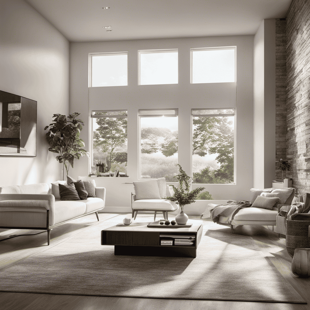An image showcasing a modern living room with sunlight streaming through clean windows