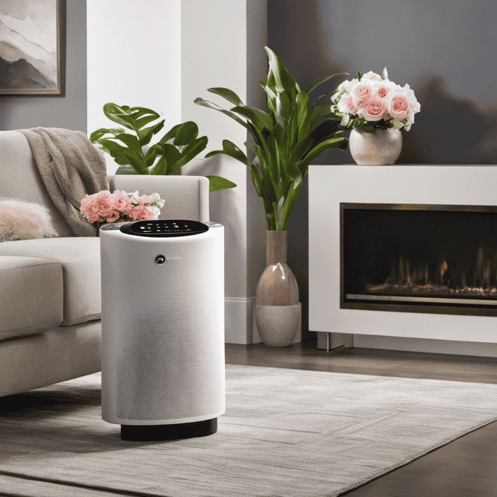 An image showcasing a sleek, modern living room with a pristine air purifier prominently placed near a vibrant bouquet of flowers