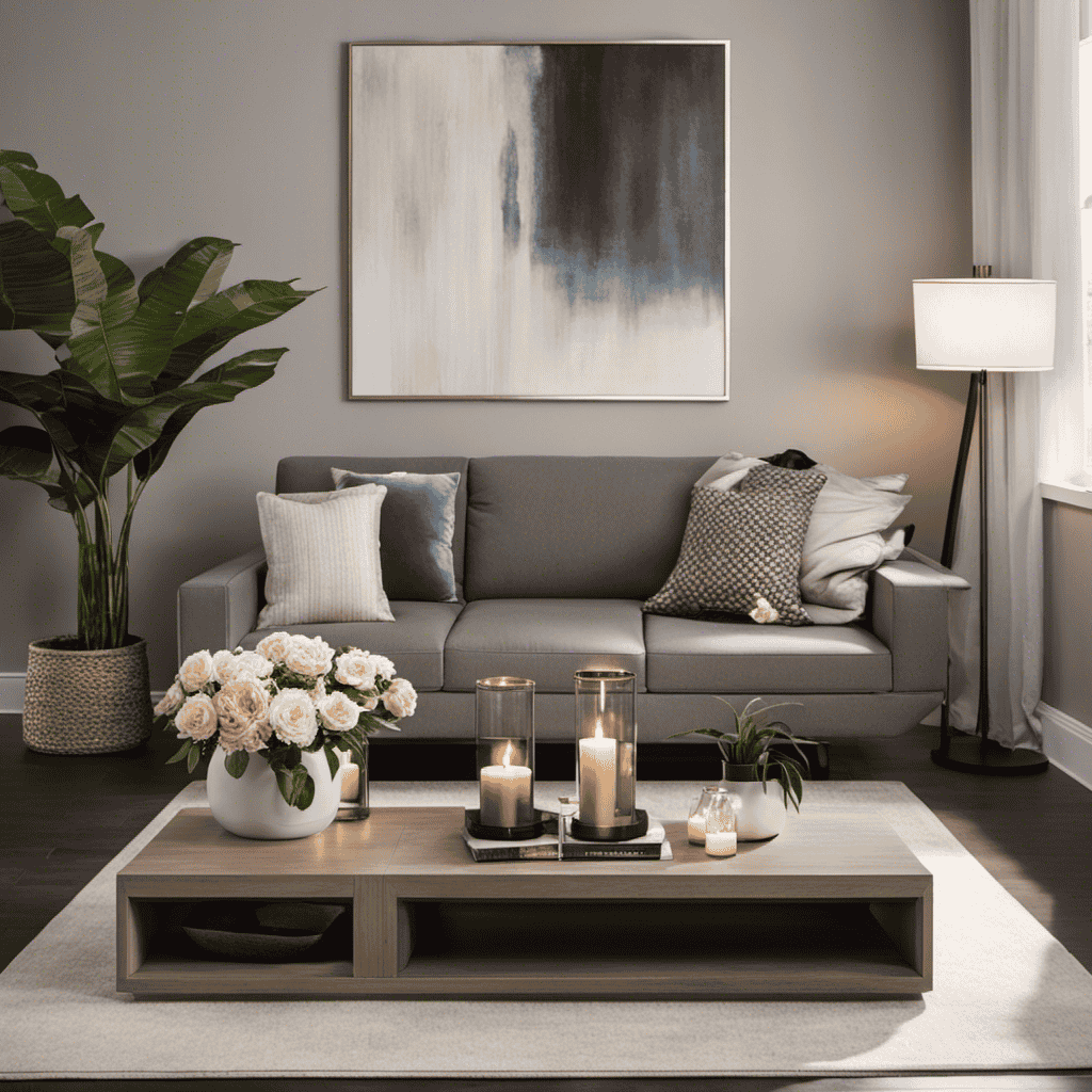 An image showcasing an elegant living room, filled with fresh flowers and scented candles