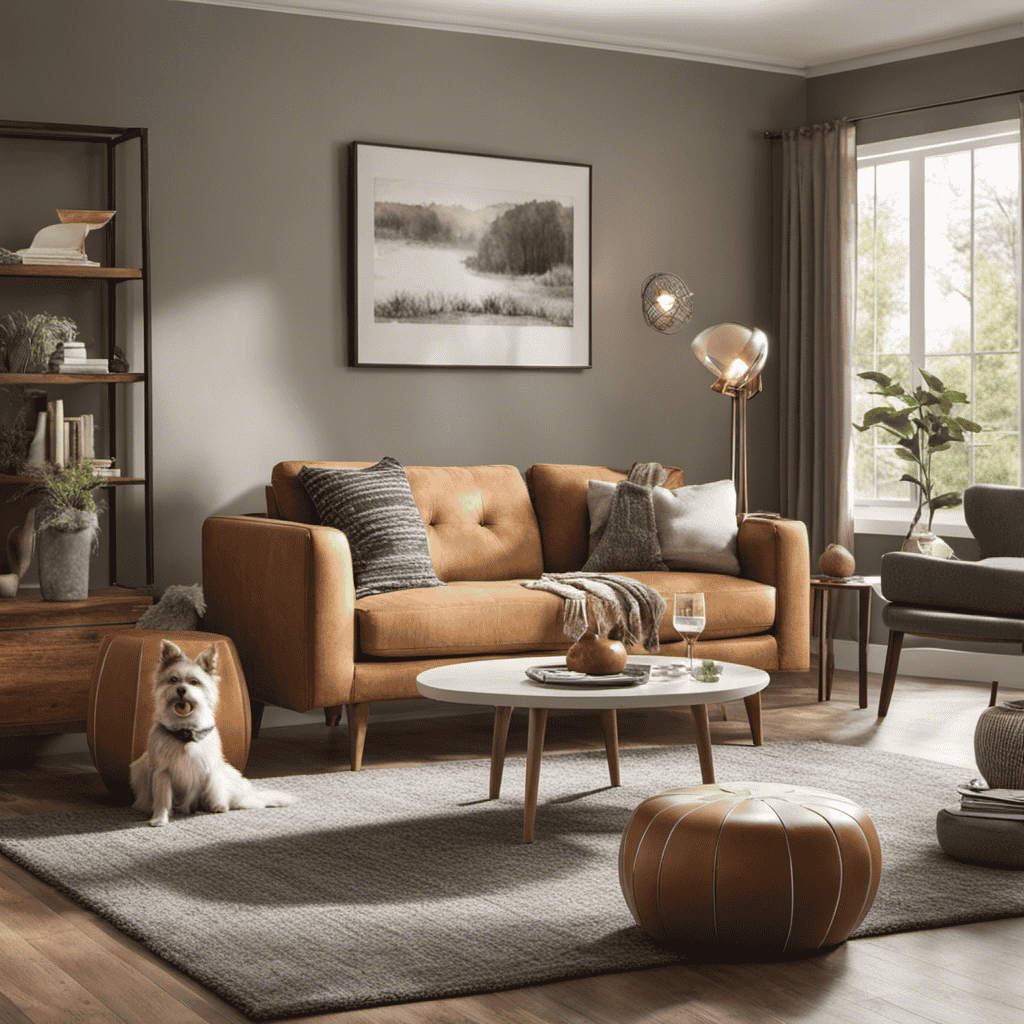An image that showcases a cozy living room with a playful dog and a content cat, surrounded by fresh, clean air