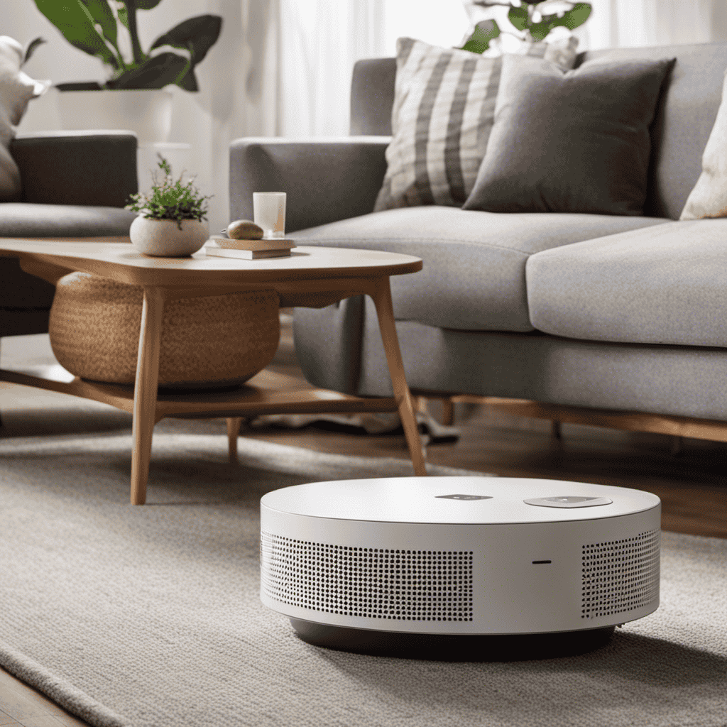 An image showcasing a modern living room with a sleek, compact air purifier placed on a side table near a cozy pet bed