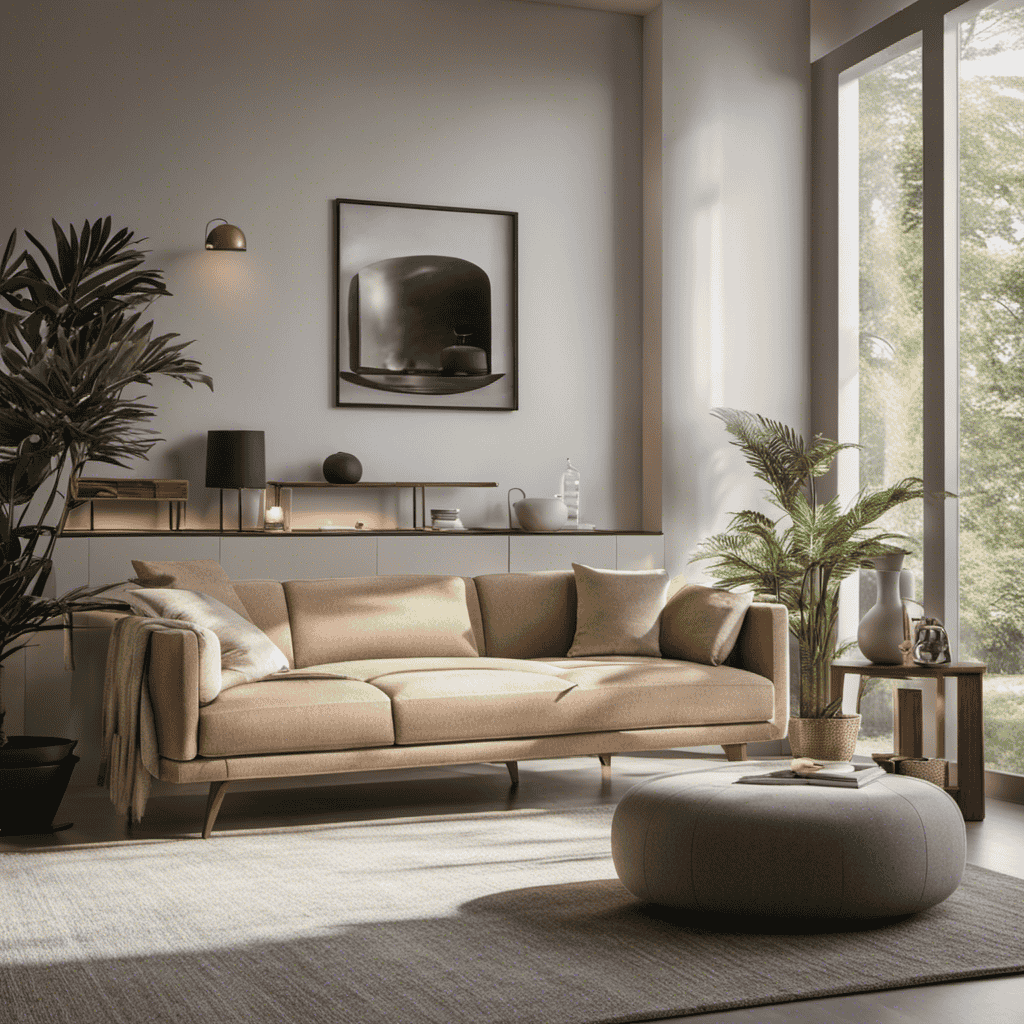 A minimalist image showcasing a cozy living room with a sleek air purifier subtly eliminating pet odors