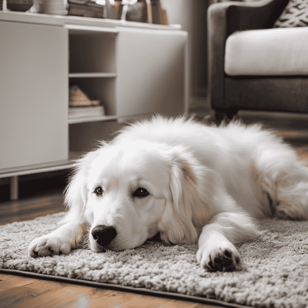 An image showing a cozy living room with a fluffy white dog lying on a plush rug, surrounded by clean, fresh air