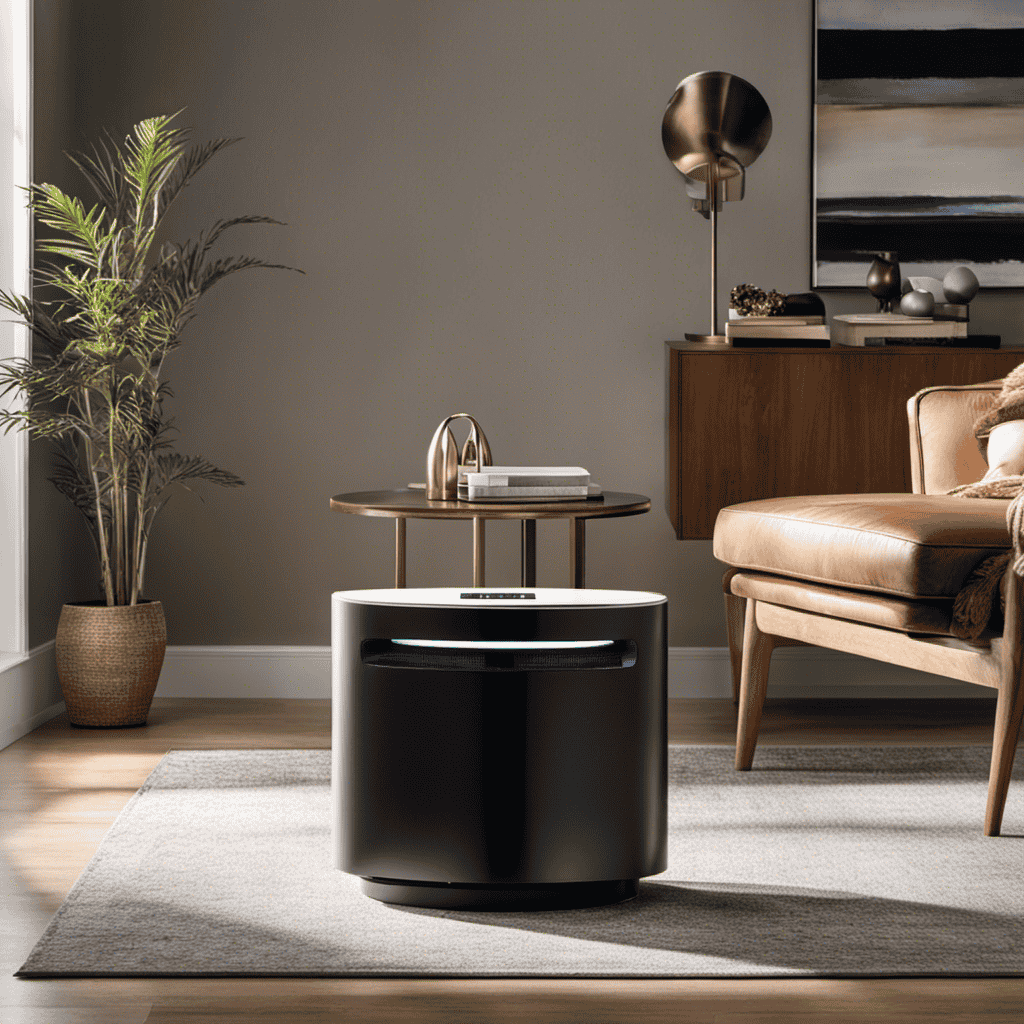 An image showcasing a modern living room with a sleek air purifier prominently placed on a side table