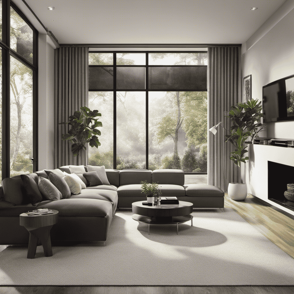 An image showcasing a sleek, modern living room with abundant natural light, featuring a high-performance air purifier discreetly nestled in a corner, silently cleansing the air and enhancing overall well-being