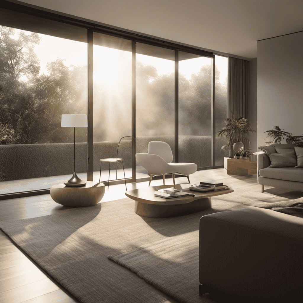 An image showcasing a serene living room enveloped in a gentle haze, with sunlight streaming through the window, emphasizing the absence of smoke