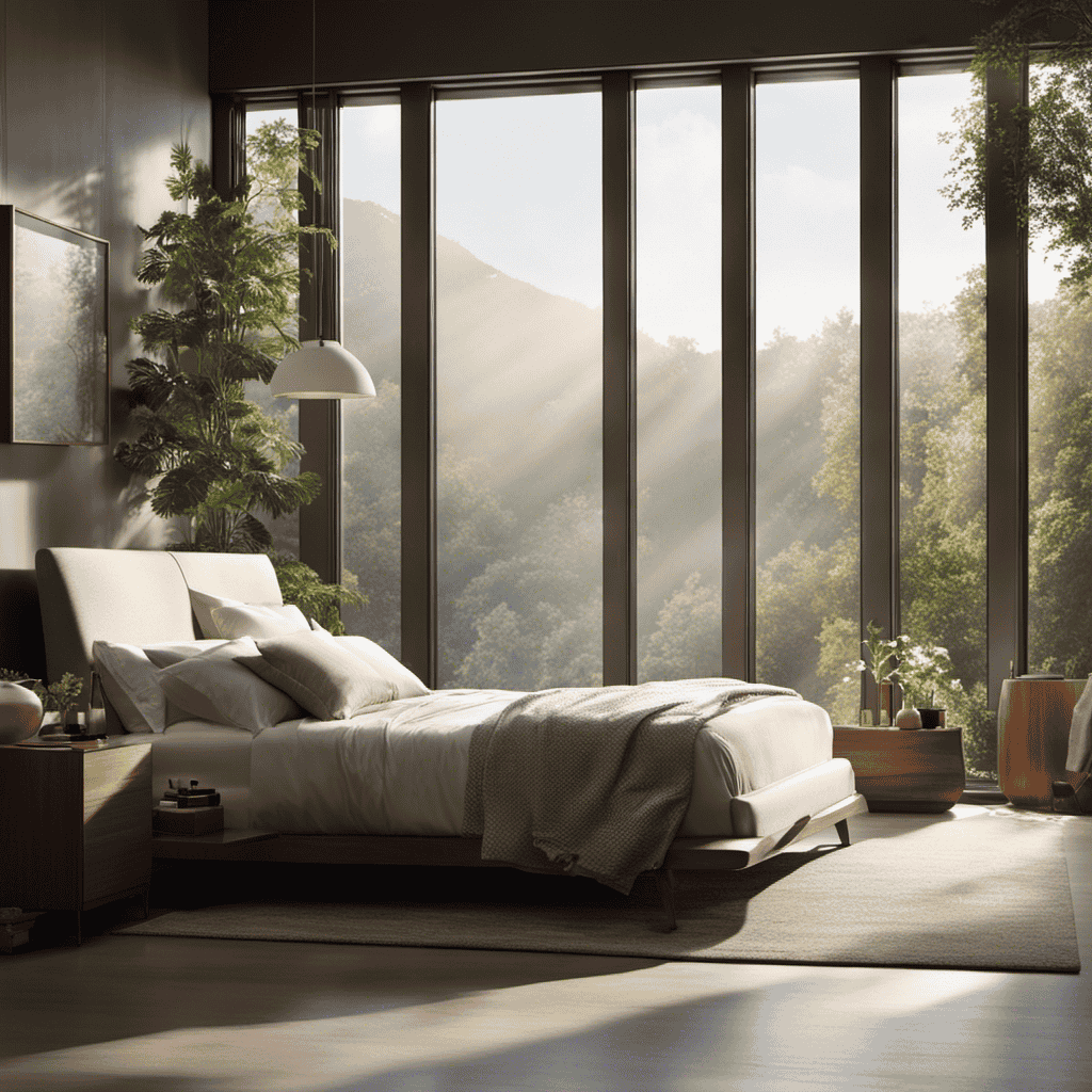 An image featuring a serene bedroom with large windows, showcasing a sleek, state-of-the-art air purifier