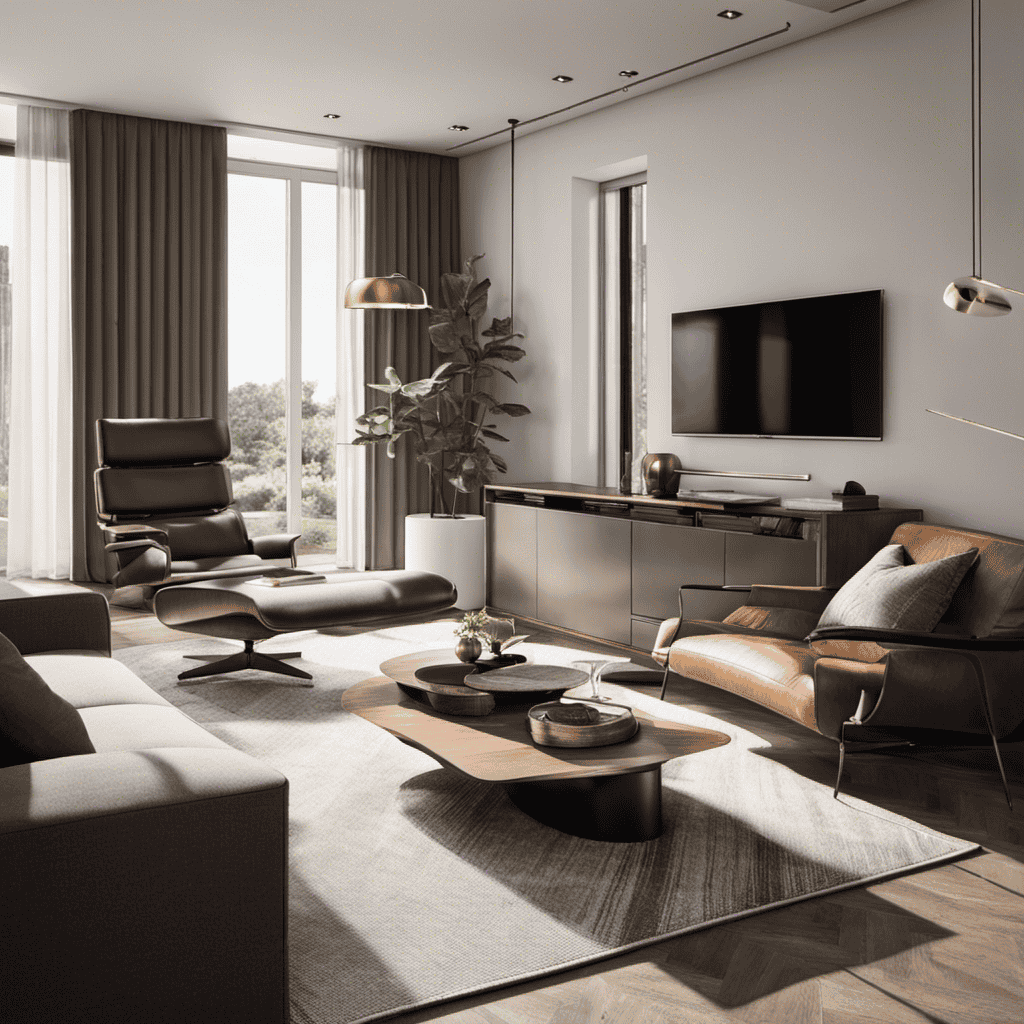 An image showcasing a sleek, modern living room with sunlight streaming through spotless windows