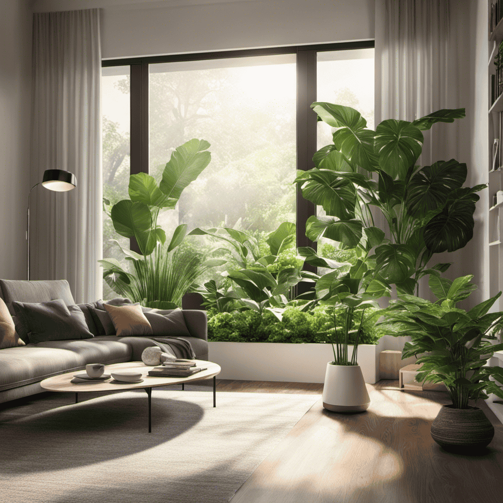An image showcasing a sleek, modern living room with an air purifier in the center, surrounded by vibrant green plants