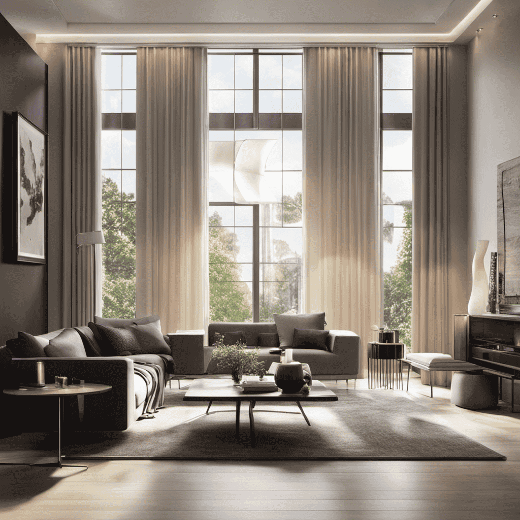An image showcasing an elegant living room with rays of sunlight streaming through spotless windows