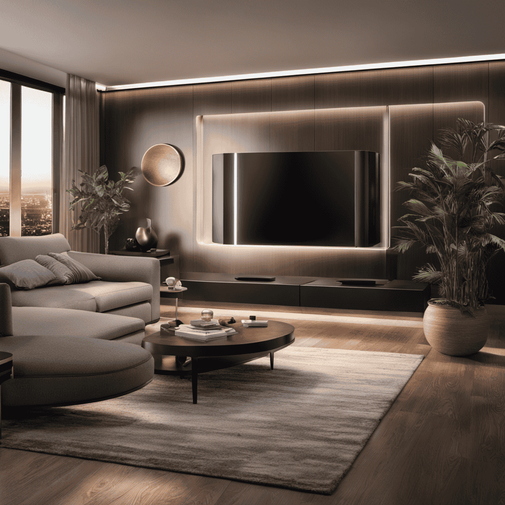 An image showcasing a sleek, modern living room with a large, state-of-the-art air purifier humidifier quietly purifying the air