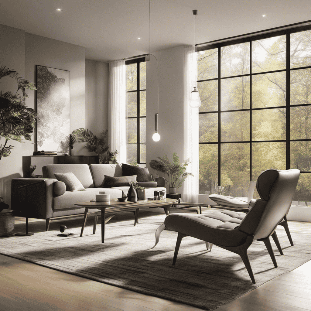 An image showcasing a sleek, modern living room with sunlight streaming through large windows, capturing an air purifier seamlessly blending into the decor