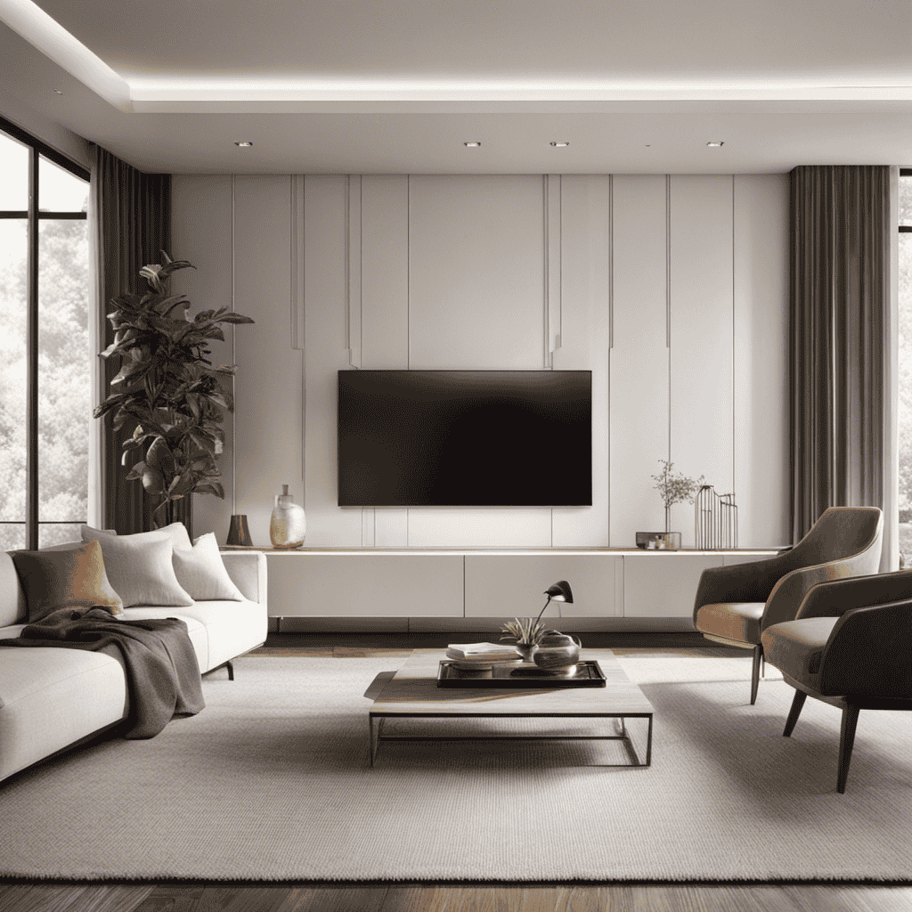 An image showcasing a modern living room with soft natural lighting, where an elegant, sleek air purifier seamlessly blends into the decor
