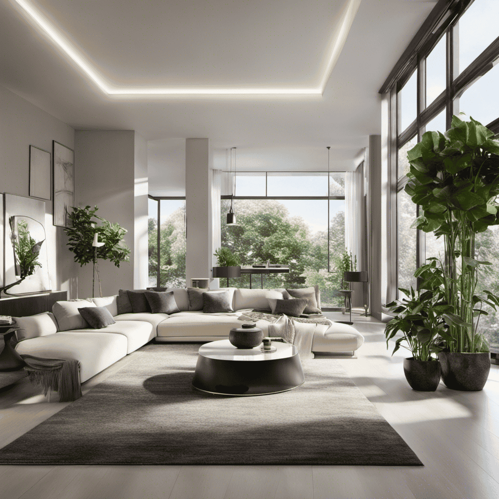An image showcasing a sleek, modern living room adorned with plants, where an advanced air purifier machine quietly operates in the corner