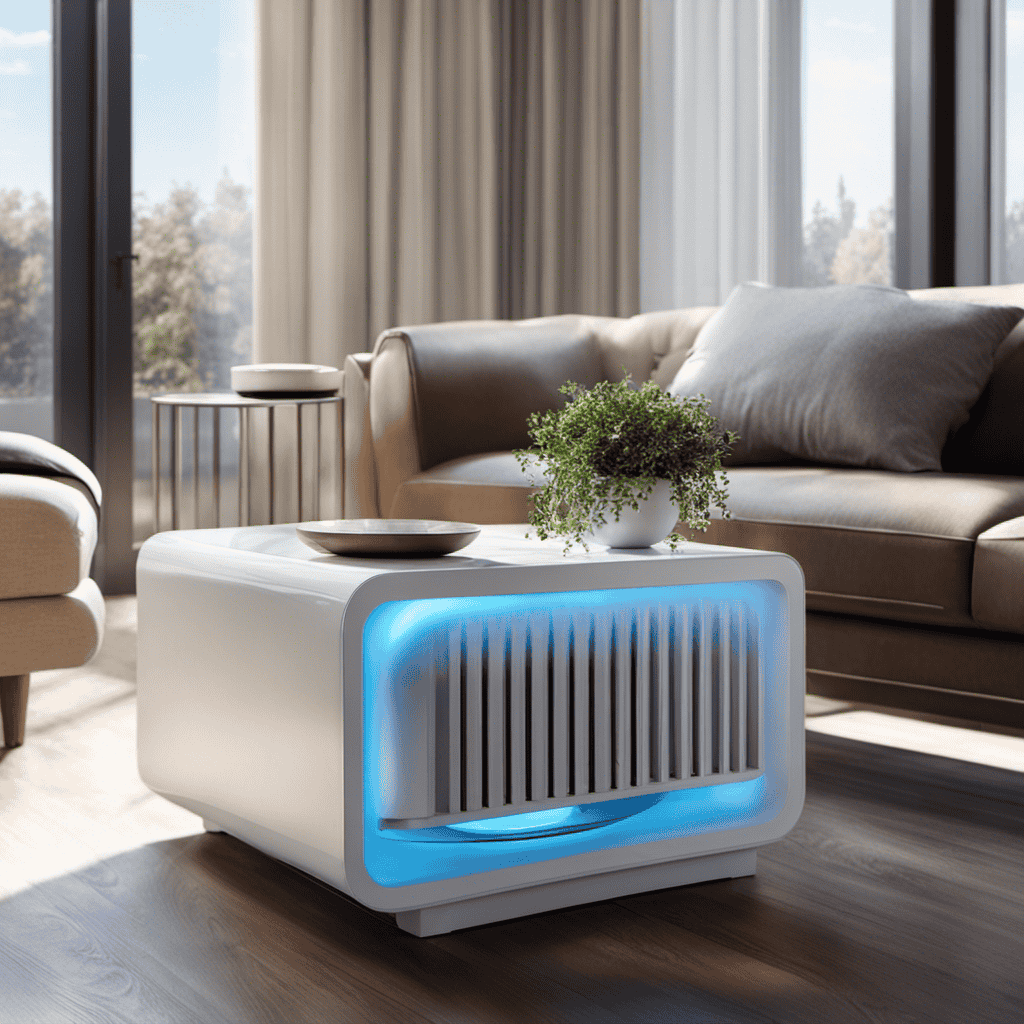 An image showcasing a modern living room with sunlight streaming through the window, highlighting an elegant air purifier placed on a sleek side table