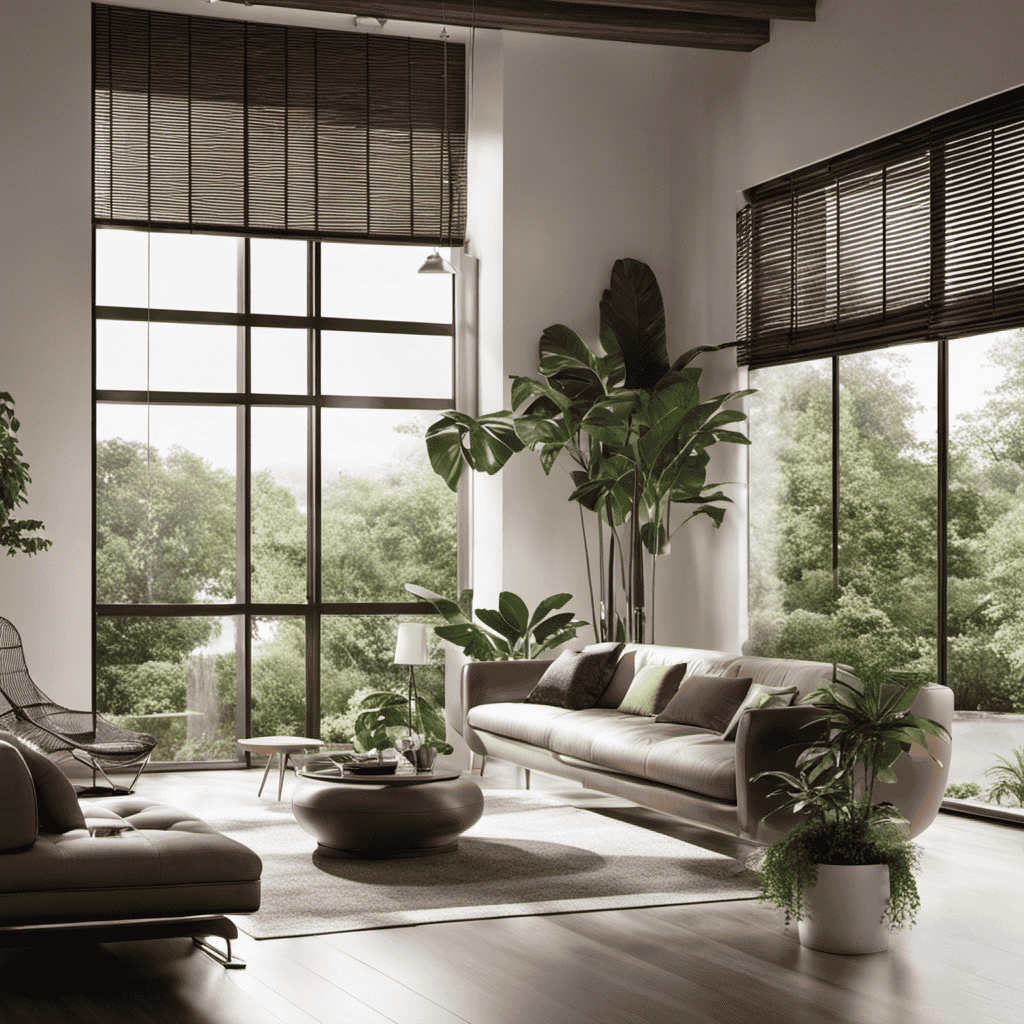 An image showcasing a sleek, modern living room with an air purifier centrally placed, surrounded by fresh, clean air