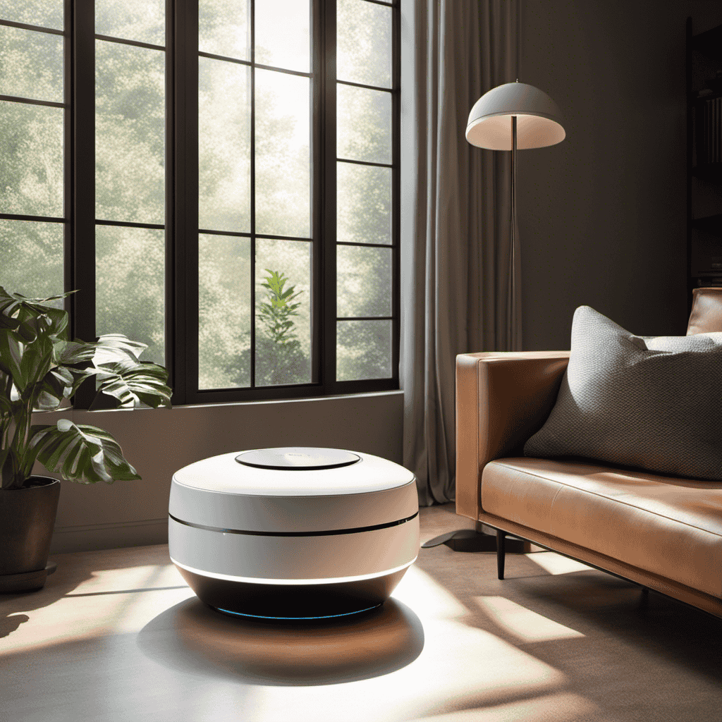 An image showcasing a modern living room with a sleek, compact air purifier placed strategically on a side table
