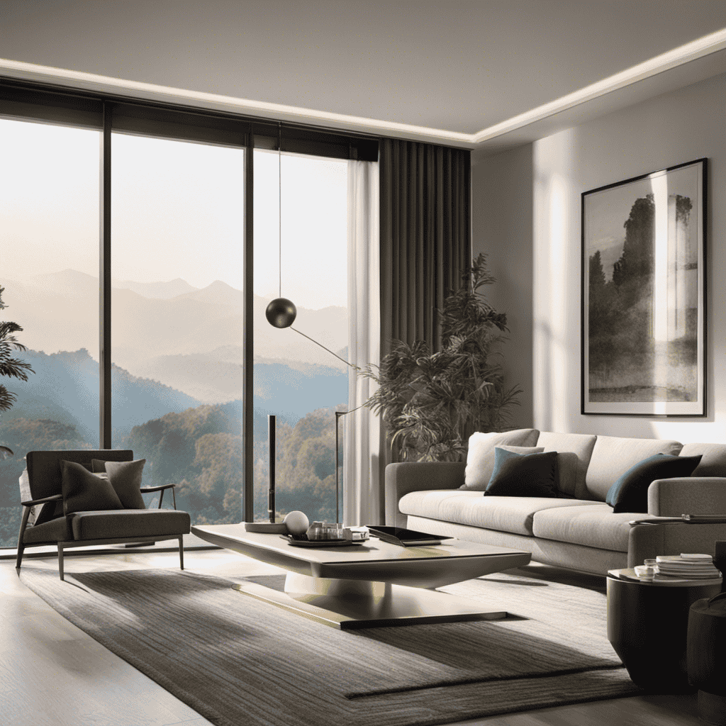 An image showcasing a sleek, modern living room with sunlit windows, where a state-of-the-art air purifier stands prominently
