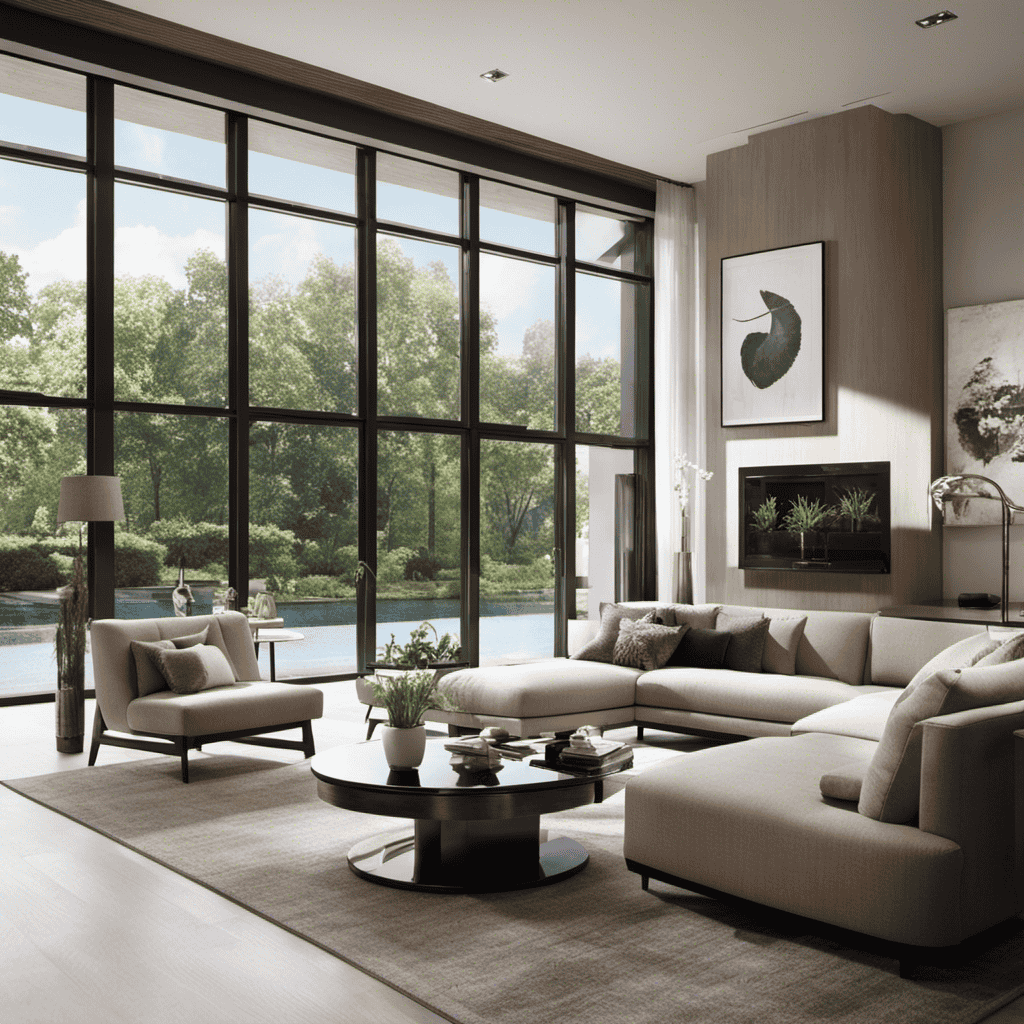 An image showcasing a sleek, modern living room with large windows, bathed in soft natural light