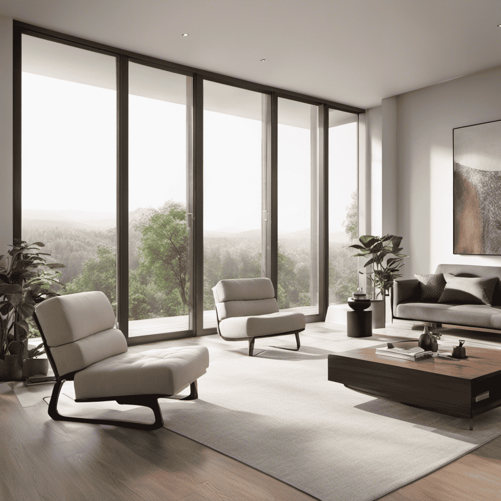 An image featuring a sleek, modern living room with sunlight streaming in through clean windows