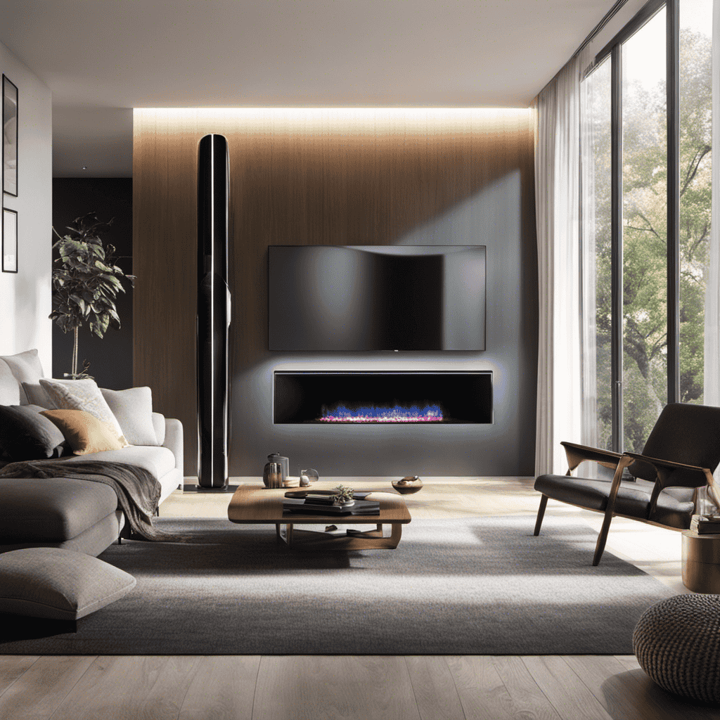 An image showcasing a sleek, modern living room with rays of sunlight streaming through clean windows, while a state-of-the-art air purifier quietly works in the corner, capturing microscopic pollutants and leaving the air fresh and pure