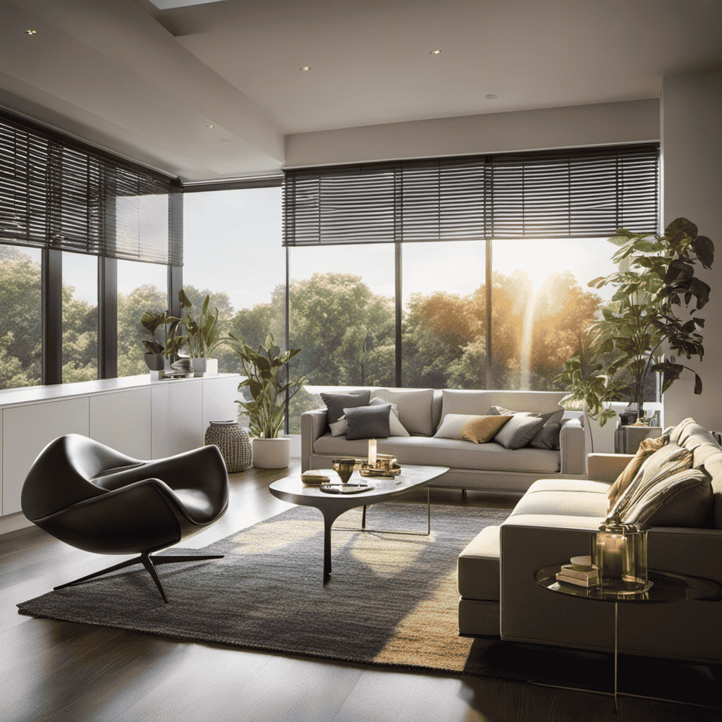 An image showcasing a sleek, modern living room with a large window, filled with crisp, clean air