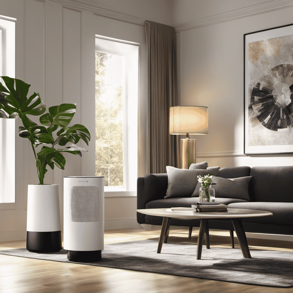 An image showcasing a pristine living room with a sleek, modern air purifier placed strategically on a side table