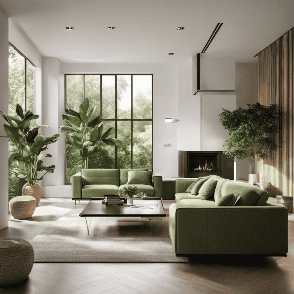 An image showcasing a stylishly modern living room, bathed in soft natural light