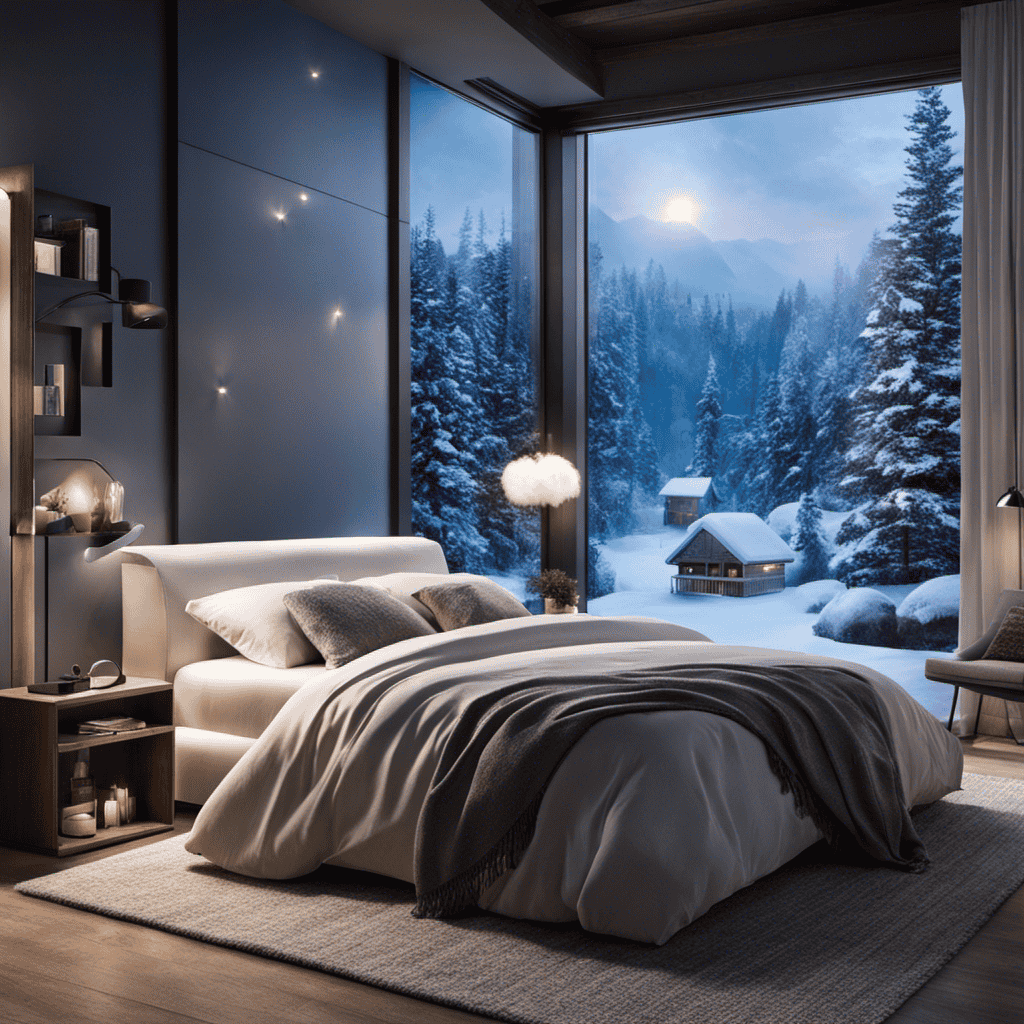 An image showcasing a cozy bedroom with a person sleeping peacefully, surrounded by a sleek, modern air purifier emitting a soft blue light
