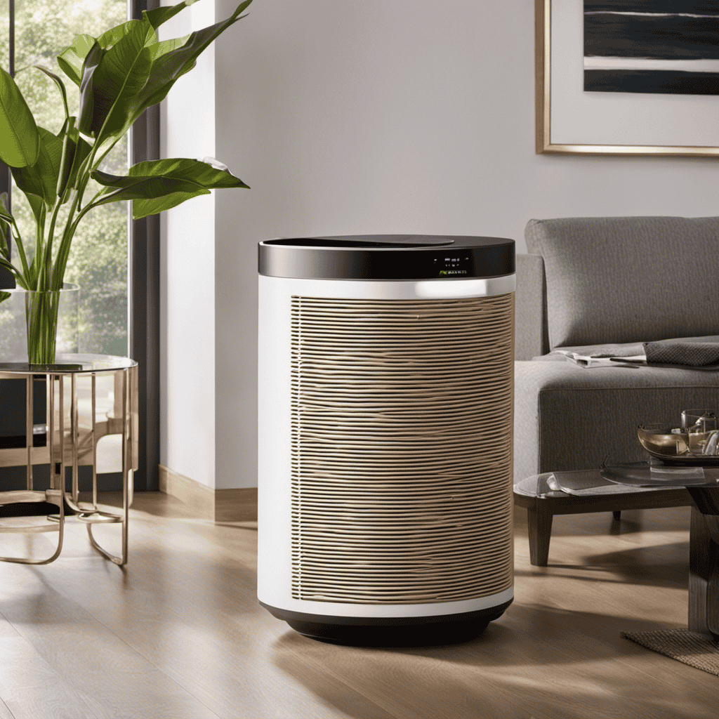 An image showcasing an elegantly designed air purifier placed in a modern living room