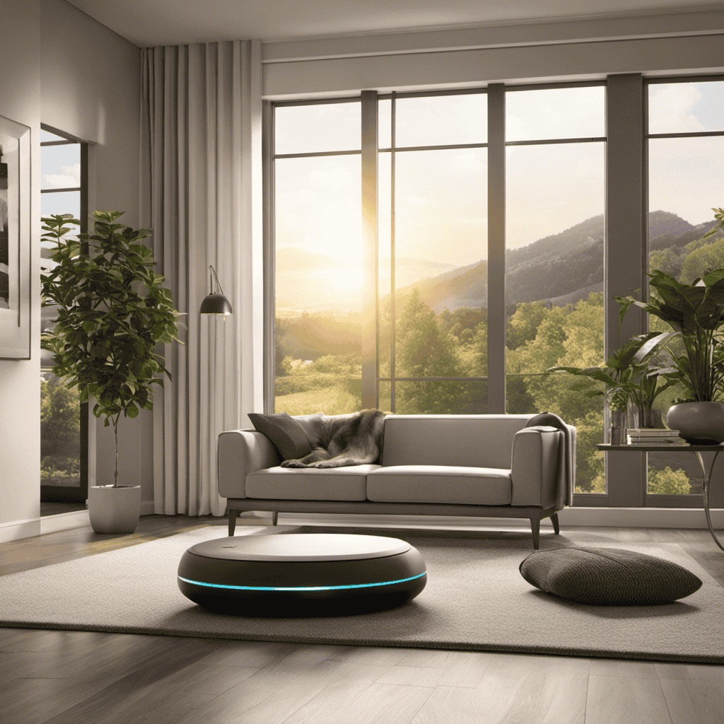 An image of a cozy living room with sunlight streaming through a window, showcasing a sleek air purifier placed strategically to capture floating pet hair and dander