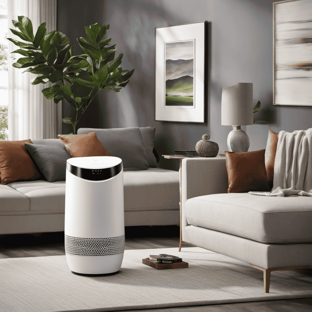 An image showcasing a modern living room with a sleek, white air purifier prominently placed on a side table