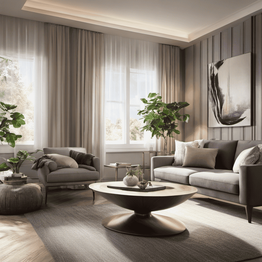 An image showcasing a serene living room with rays of sunlight filtering through sparkling, dust-free air