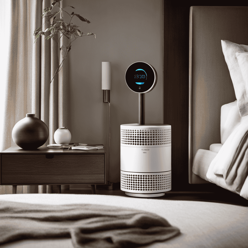 An image showcasing a serene bedroom setting with an elegant, ultra-quiet air purifier prominently placed on a bedside table