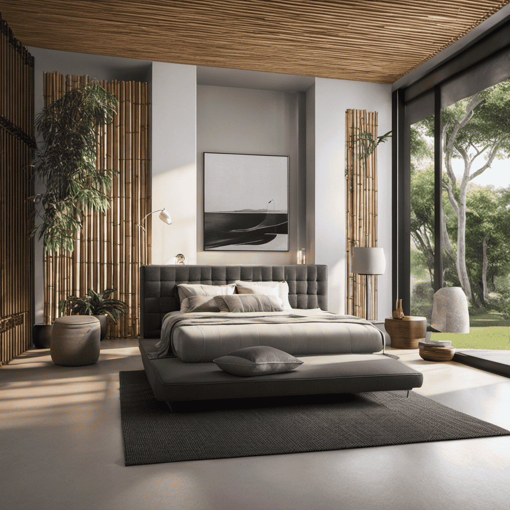 An image showcasing a spacious room with sunlight streaming through the windows, highlighting a sleek, modern living space adorned with multiple bamboo charcoal air purifier bags strategically placed around the room