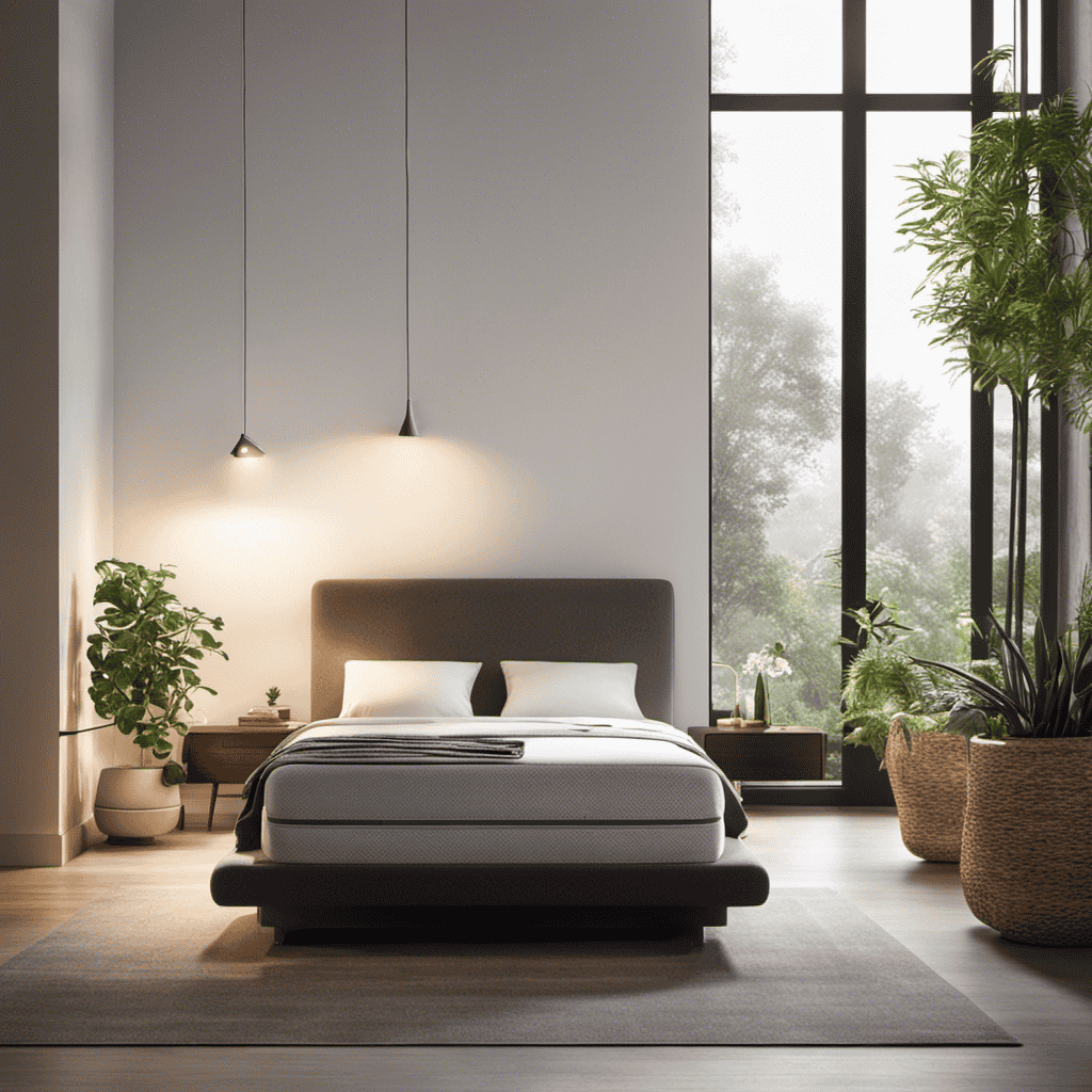 An image showcasing a serene bedroom with a modern air purifier placed on a bedside table